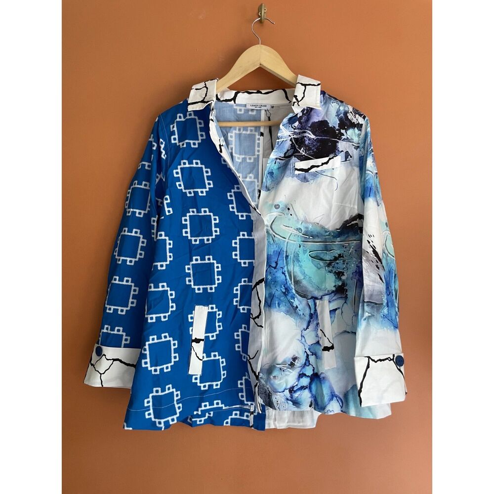 Lemon Grass New York NWT Art to Wear Shirt M Royal Blue Abstract Mixed Print